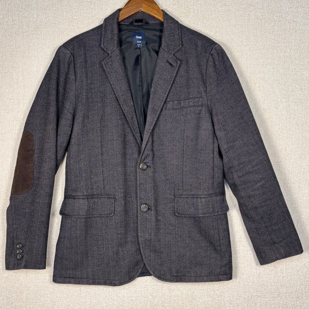Gap Mens Medium 44R Herringbone Blazer Charcoal Gray Corduroy Elbow Patch Jacket